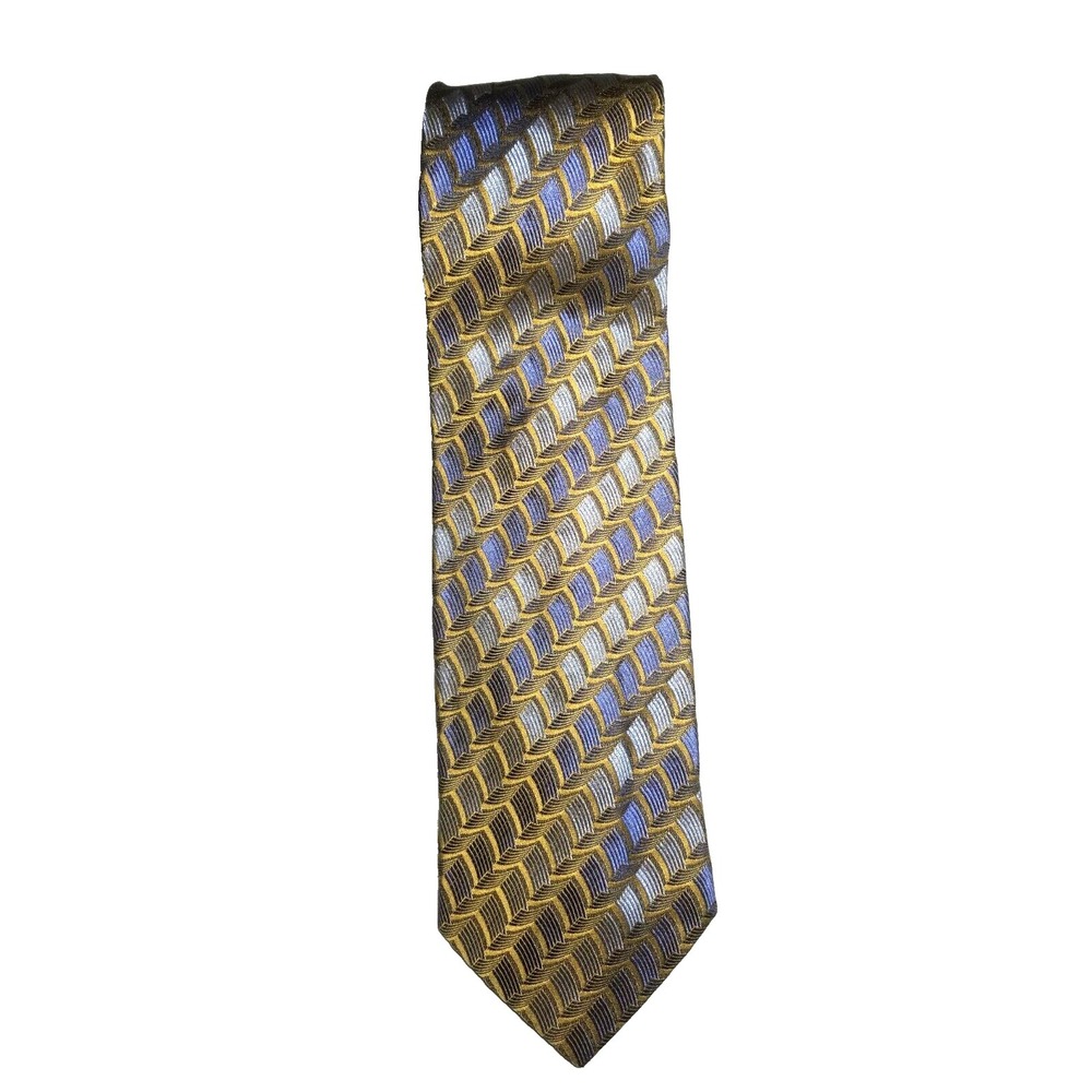 Format Blue Gold Geometric Print Dress Silk Textured Pointed‎ Tie Japanese Made